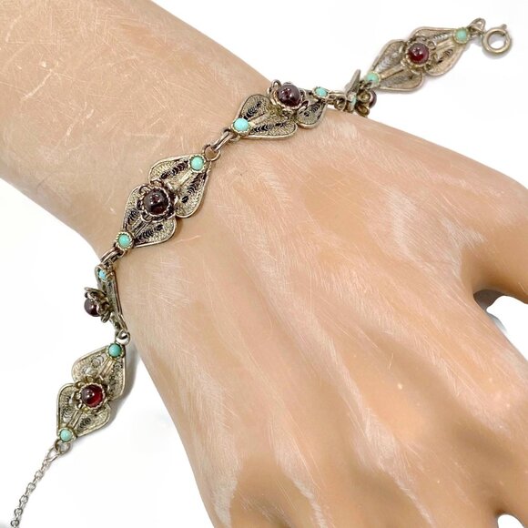 Cannetille Bracelet, Garnet,Sterling Silver, Israel, Wire Work, Filagree, Vintag - Picture 2 of 5